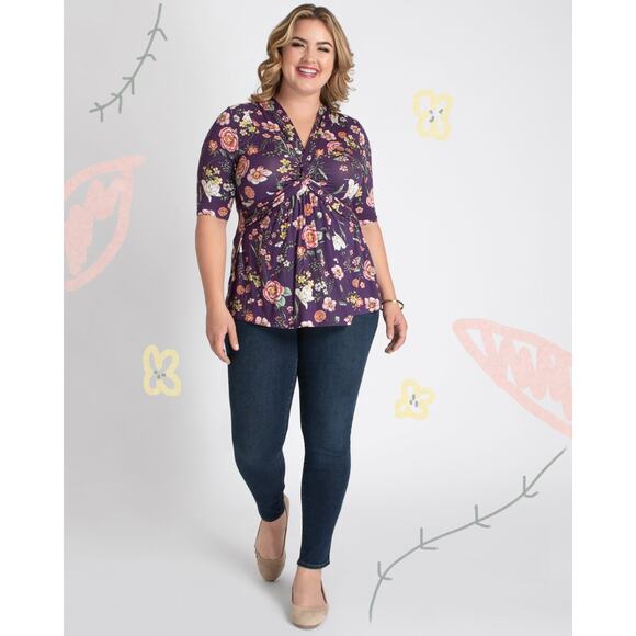 Kiyonna Women's Top Tunic 2X Purple Floral Caycee Twist Style V Neck Colorful - Picture 2 of 7